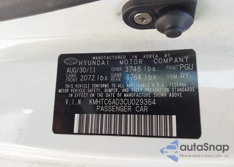 2012 Hyundai Veloster Base W/Gray z USA, uszkodzony, nr VIN KMHTC6AD3CU029364